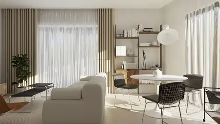 Wnętrze salonu w stylu nowoczesnym, soft minimalizm, vintage z białą sofą.