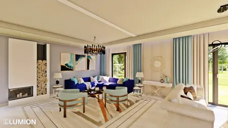 Wnętrze salonu w stylu art deco i nowoczesnym z niebieską sofą, drewnianymi akcentami i dużymi oknami.