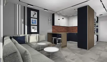 Wnętrze salonu z szarymi ścianami, brązowym blatem, art deco i minimalistycznym stylem.