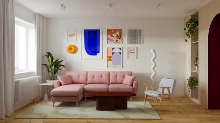 Wnętrze salonu z różową sofą, niebieskimi obrazami i roślinami. Styl dopamine decor, eklektyczny, vintage.