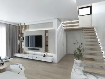 Wnętrze salonu z minimalistycznym designem, schodami i telewizorem. Styl japandi.