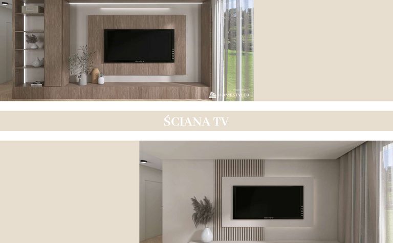 Wnętrze z minimalistyczną ścianą TV w stylu japandi z drewnem i roślinami.