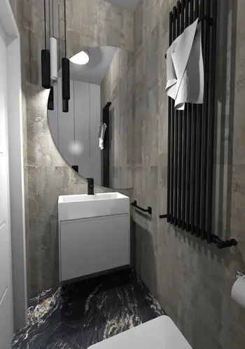 Łazienka w stylu dopaminowym z industrialnymi i minimalistycznymi elementami.