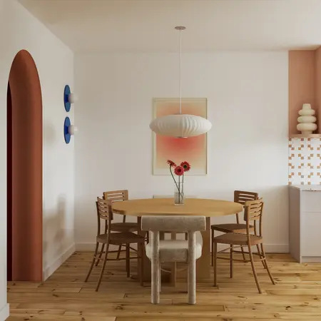 Wnętrze jadalni w stylu dopamine decor, eklektycznym i vintage z okrągłym stołem i krzesłami.