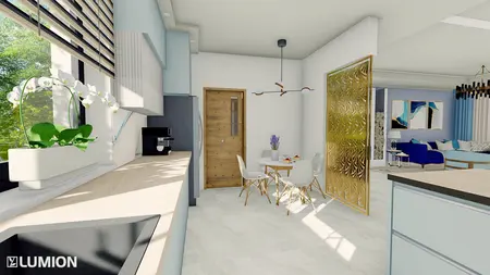 Wnętrze kuchni z elementami art deco i nowoczesnymi meblami, jasne kolory