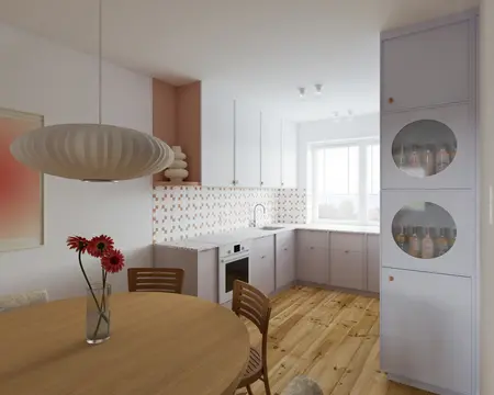 Wnętrze kuchni w stylu dopamine decor, eklektycznym i vintage z jasnymi meblami.