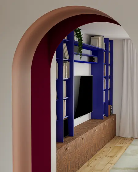 Wnętrze z niebieską półką, drewnianym meblem i rośliną w stylu dopamine decor, eklektycznym i vintage.