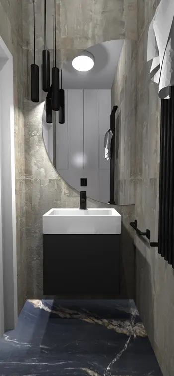 Wnętrze łazienki z czarną umywalką i szarymi ścianami, industrialny styl, dopamine decor, japandi.