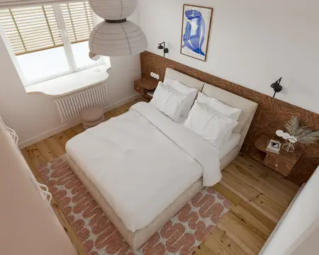 Wnętrze sypialni w stylu dopamine decor z vintage akcentami, jasne kolory, drewniane elementy.