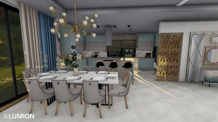 Jadalnia z art deco akcentami i nowoczesnym wystrojem, elegancki stół i krzesła.