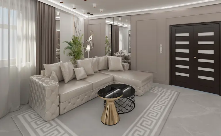 Glamour wnętrze salonu z beżową sofą i eleganckim stolikiem.
