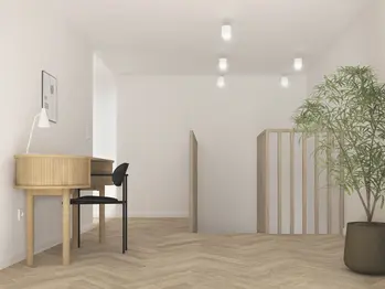 Minimalistyczne wnętrze biura w stylu japandi z drewnianym biurkiem i rośliną.