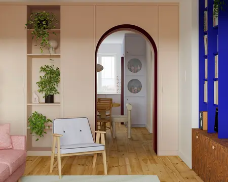 Wnętrze z różowym fotelem, eklektycznym designem i roślinami w stylu dopamine decor.