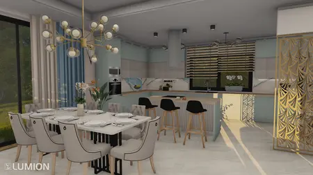 Wnętrze kuchni w stylu art deco i nowoczesnym z wyspą kuchenną i jadalnią