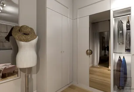 Garderoba w stylu eklektycznym z lustrami i szafkami.