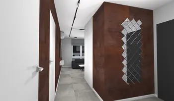 Korytarz z brązowymi ścianami, lustrem i minimalistycznym stylem.