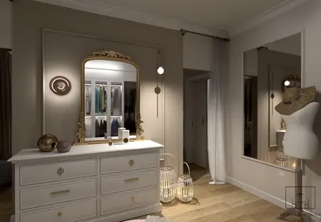 Przestronna garderoba z białą komodą i lustrem, eklektyczny design.