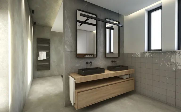 Nowoczesna łazienka z industrialnym i minimalistycznym designem, z drewnianymi elementami.