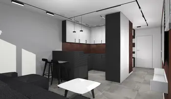 Wnętrze kuchni z białymi meblami i industrialnymi akcentami, styl minimalistyczny i skandynawski.