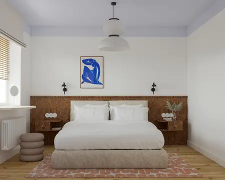 Sypialnia w stylu dopamine decor, eklektycznym, vintage z drewnianymi akcentami.
