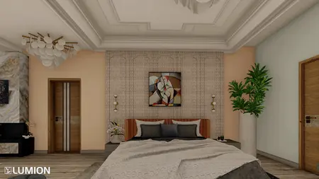 Wnętrze sypialni w stylu art deco i nowoczesnym z brązowym łóżkiem i dekoracjami.