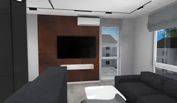 Nowoczesne wnętrze salonu z ciemną sofą, telewizorem i drewnianymi akcentami.