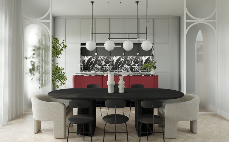 Wnętrze jadalni z czarnym stołem, czerwonymi meblami i roślinami, styl dopamine decor, eklektyczny, glamour, współczesny
