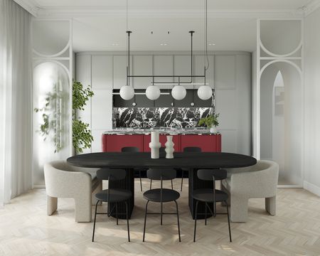 Wnętrze jadalni z czarnym stołem, czerwonymi meblami i roślinami, styl dopamine decor, eklektyczny, glamour, współczesny