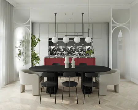 Wnętrze jadalni z czarnym stołem, czerwonymi meblami i roślinami, styl dopamine decor, eklektyczny, glamour, współczesny