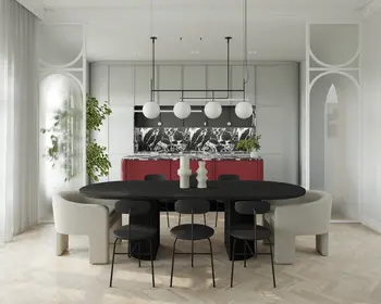 Wnętrze jadalni z czarnym stołem, czerwonymi meblami i roślinami, styl dopamine decor, eklektyczny, glamour, współczesny