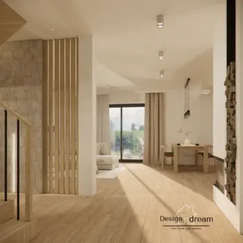 Wnętrze salonu w stylu japandi, minimalistycznym i skandynawskim z drewnianymi akcentami.