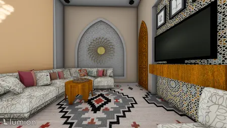 Wnętrze salonu z jasnymi meblami, kolorowymi poduszkami i wzorzystym dywanem w stylu dopamine decor.