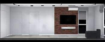 Wnętrze salonu z ceglaną ścianą, minimalistycznym stylem i nowoczesnym telewizorem.