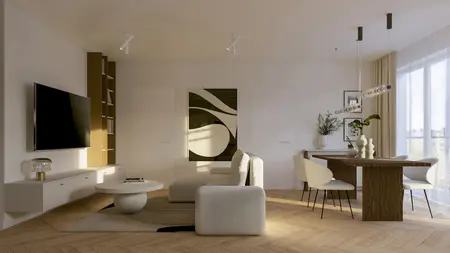 Nowoczesny salon w stylu eklektycznym z jasnym umeblowaniem i drewnianymi akcentami.