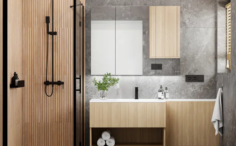 Nowoczesna łazienka z drewnianymi i szarymi elementami, minimalistyczny design