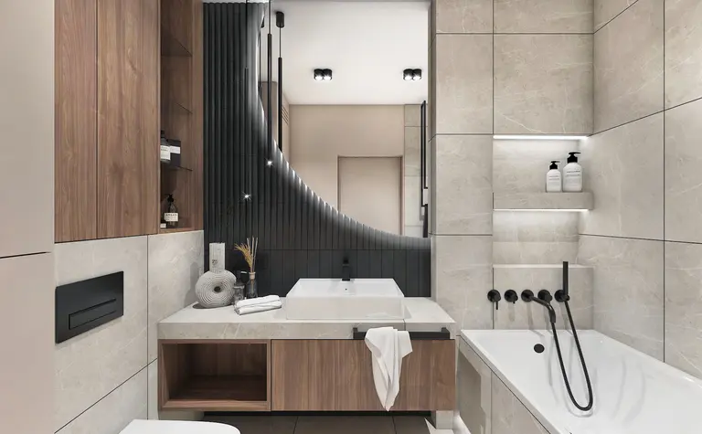 Nowoczesna łazienka z drewnianymi meblami i stylowymi akcentami w industrialnym designie