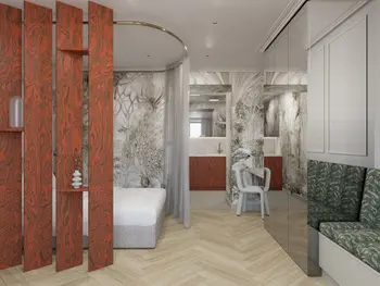 Nowoczesne wnętrze art deco z drewnianą ścianką i zieloną kanapą.