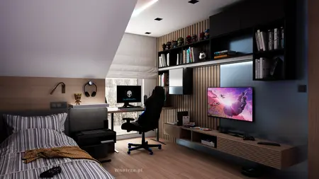 Wnętrze pokoju z biurkiem, telewizorem i półkami w stylu nowoczesnym i współczesnym.