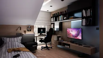 Wnętrze pokoju z biurkiem, telewizorem i półkami w stylu nowoczesnym i współczesnym.