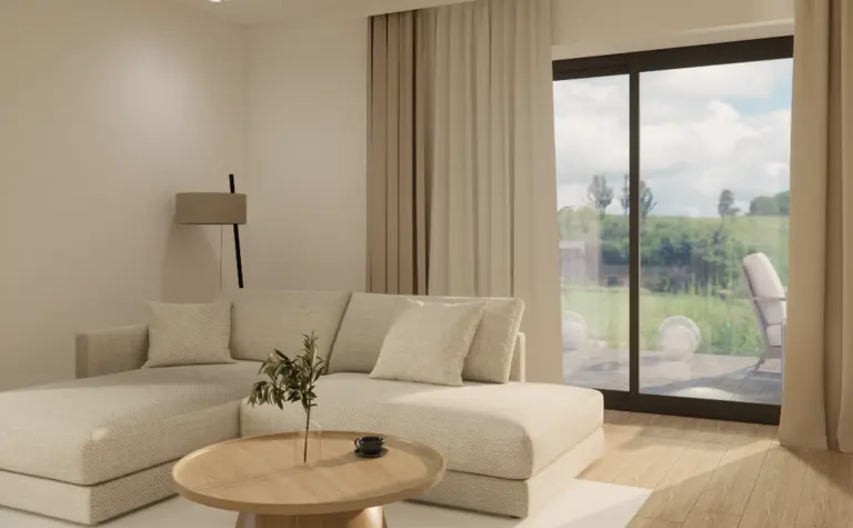 Wnętrze salonu w stylu japandi, minimalistycznym i skandynawskim z beżową sofą.