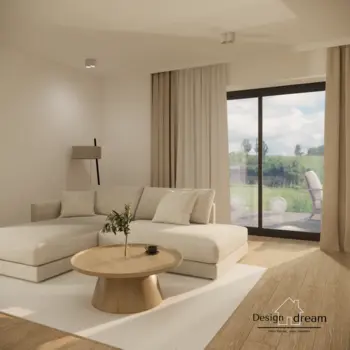 Wnętrze salonu w stylu japandi, minimalistycznym i skandynawskim z beżową sofą.
