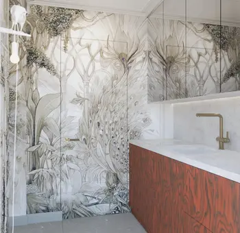 Wnętrze łazienki z muralem art deco i tradycyjnym drewnem