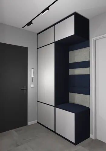 Przedpokój z szafą w stylu minimalistycznym i industrialnym