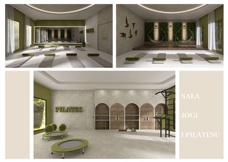 Sala do jogi z zielonymi matami i minimalistycznym wystrojem.