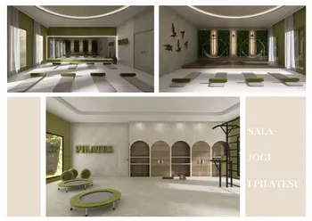 Sala do jogi z zielonymi matami i minimalistycznym wystrojem.