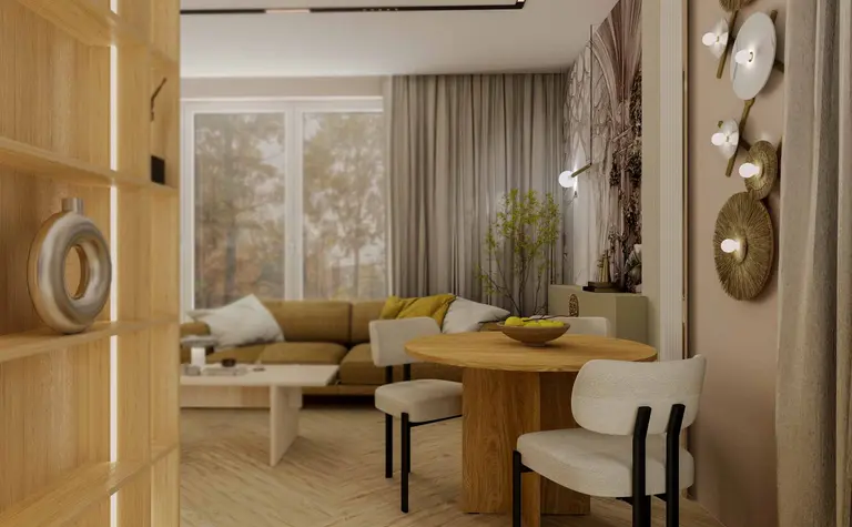 Wnętrze salonu w stylach boho, nowoczesnym i skandynawskim z drewnianym stołem.