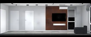 Wnętrze salonu z brązową ścianą, białymi drzwiami i nowoczesnym telewizorem. Styl industrialny.