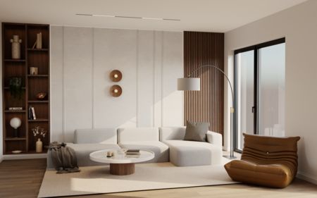 Wnętrze salonu w stylu minimalistycznym z jasnymi meblami i drewnianymi detalami