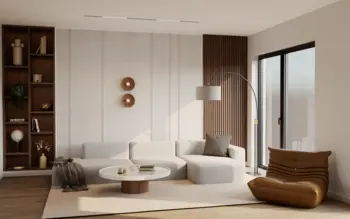 Wnętrze salonu w stylu minimalistycznym z jasnymi meblami i drewnianymi detalami