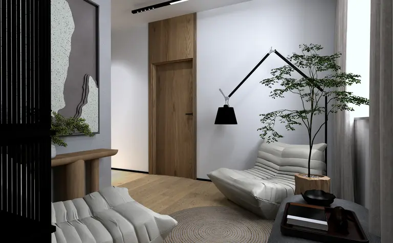 Wnętrze nowoczesnego pokoju z drewnianymi meblami, rośliną i minimalistycznym designem.
